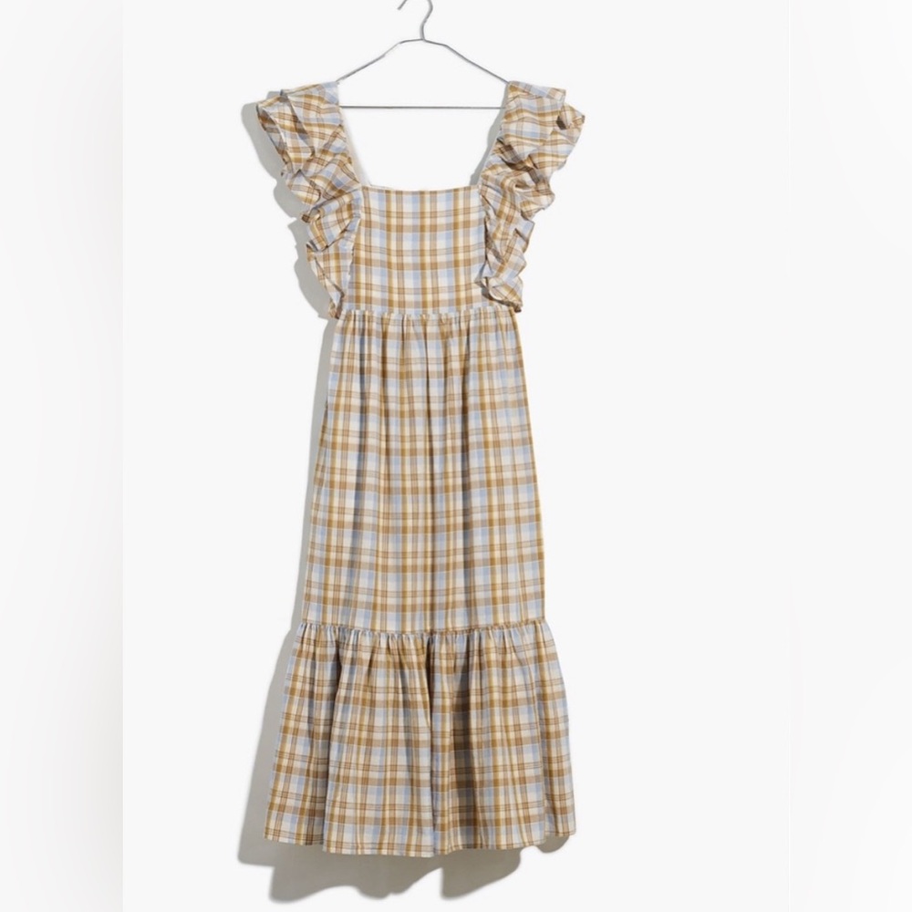 Madewell Ruffle-Sleeve Tiered Midi Dress in Plaid 100% Cotton Women’s Size 12